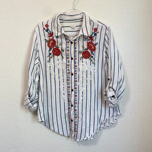 Kyla Seo White Blue Striped Floral Embroidered Button Front Blouse XL
